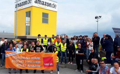 Trabalhadores de um armazém em Bad Hersfeld em greve no Prime Day de 2019. Foto do Ver.di.