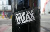 Autocolante a dizer que a Covid é uma fraude e com referência ao filme Plandemic. Foto de duncan c/Flickr.