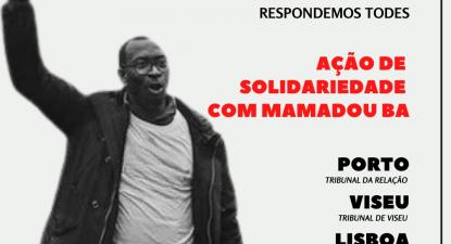 Cartaz das ações de solidariedade com Mamadou Ba em Lisboa, Porto e Viseu.