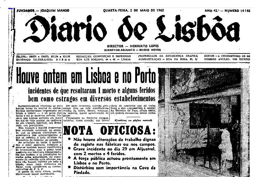 1962 – imagem da capa do “Diário de Lisboa” de 2 de maio de 1962 - Foto terraruiva.pt, Terra Ruiva jornal do concelho de Silves