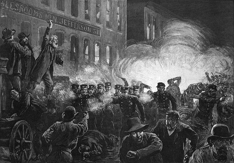 Massacre de Haymarket em Chicago de http://www.chicagohs.org/hadc/visuals/59V0460v.jpg, autor Harper's Weekly, domínio público wikimedia.commons 