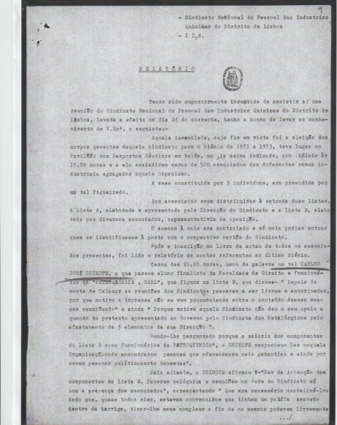 Relatório da DGS sobre a eleição da direção sindical antifascista em 1971